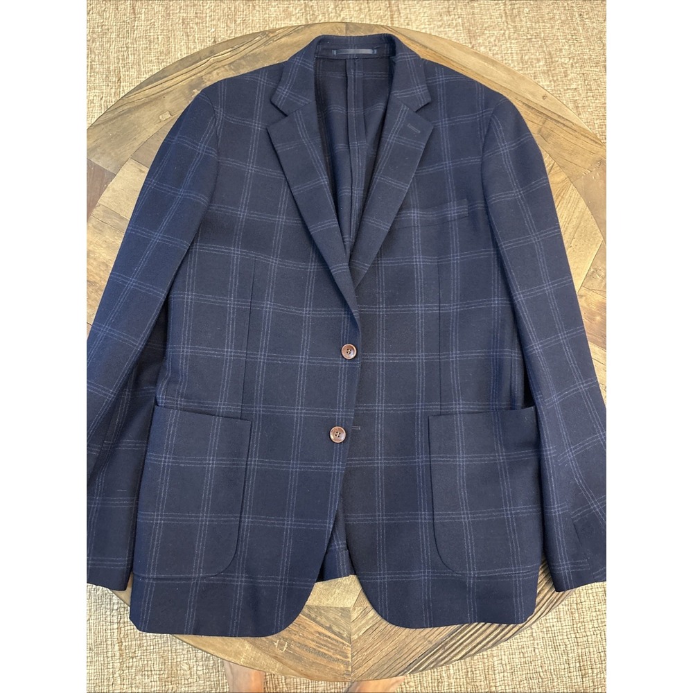 Charles Tyrwhitt Mens Navy Windowpane Plaid SLIM FIT Wool Sport Coat Blazer 42R